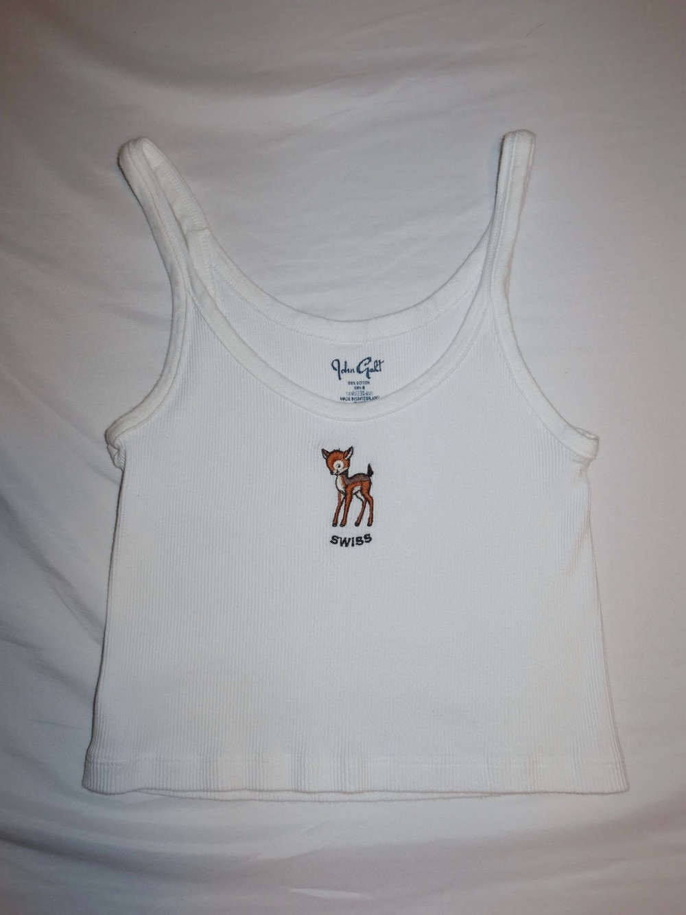 Brandy Melville White Ribbed Tank with Embroidered Fawn